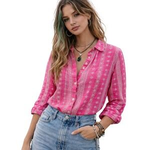 Ultra Pink Floral Embroidered 3/4 Sleeve Button Up Top M Eclectic 90s Boho Artsy